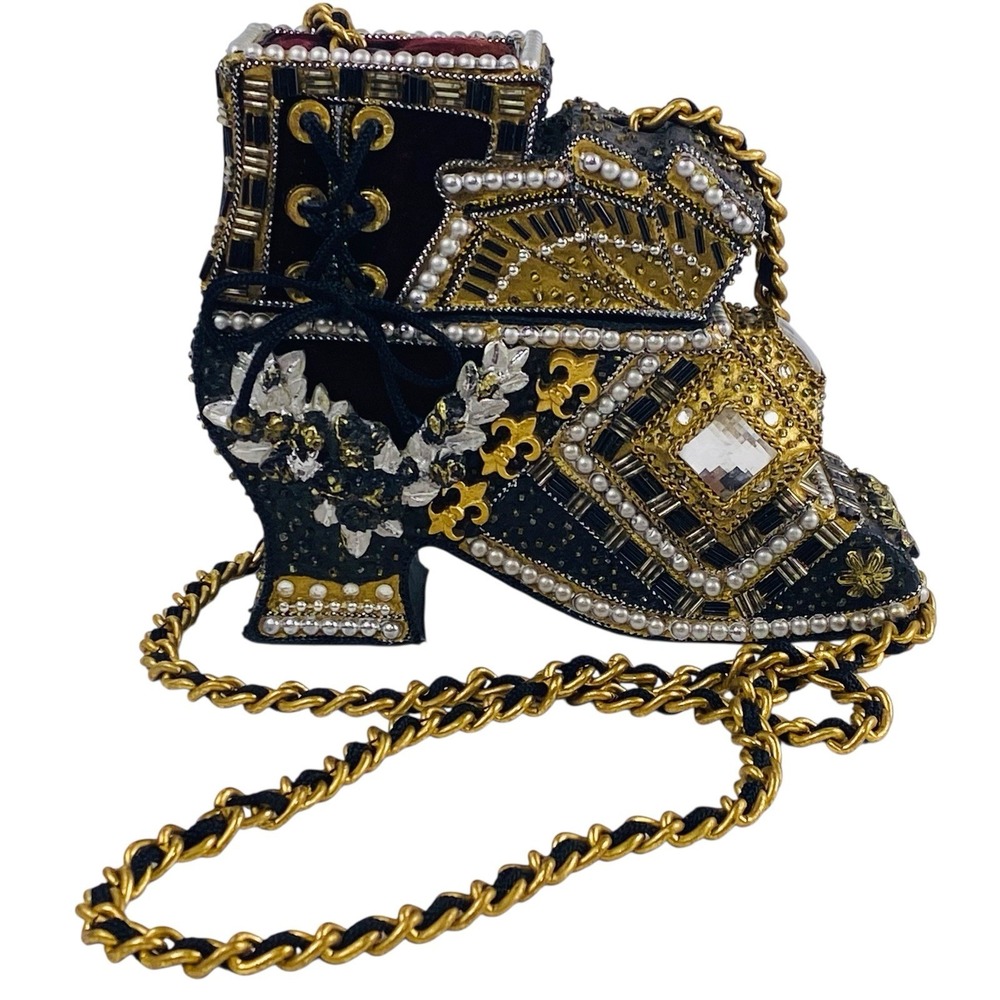 Mary Frances Black Gold Silver Beaded Hard Box Boot Shaped Handbag Crossbody VTG